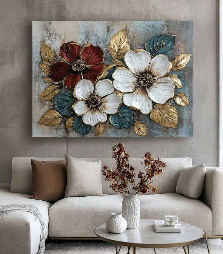 Modern Floral Wall Art Canvas – Elegant 3D Flower Design for Living Room Décor